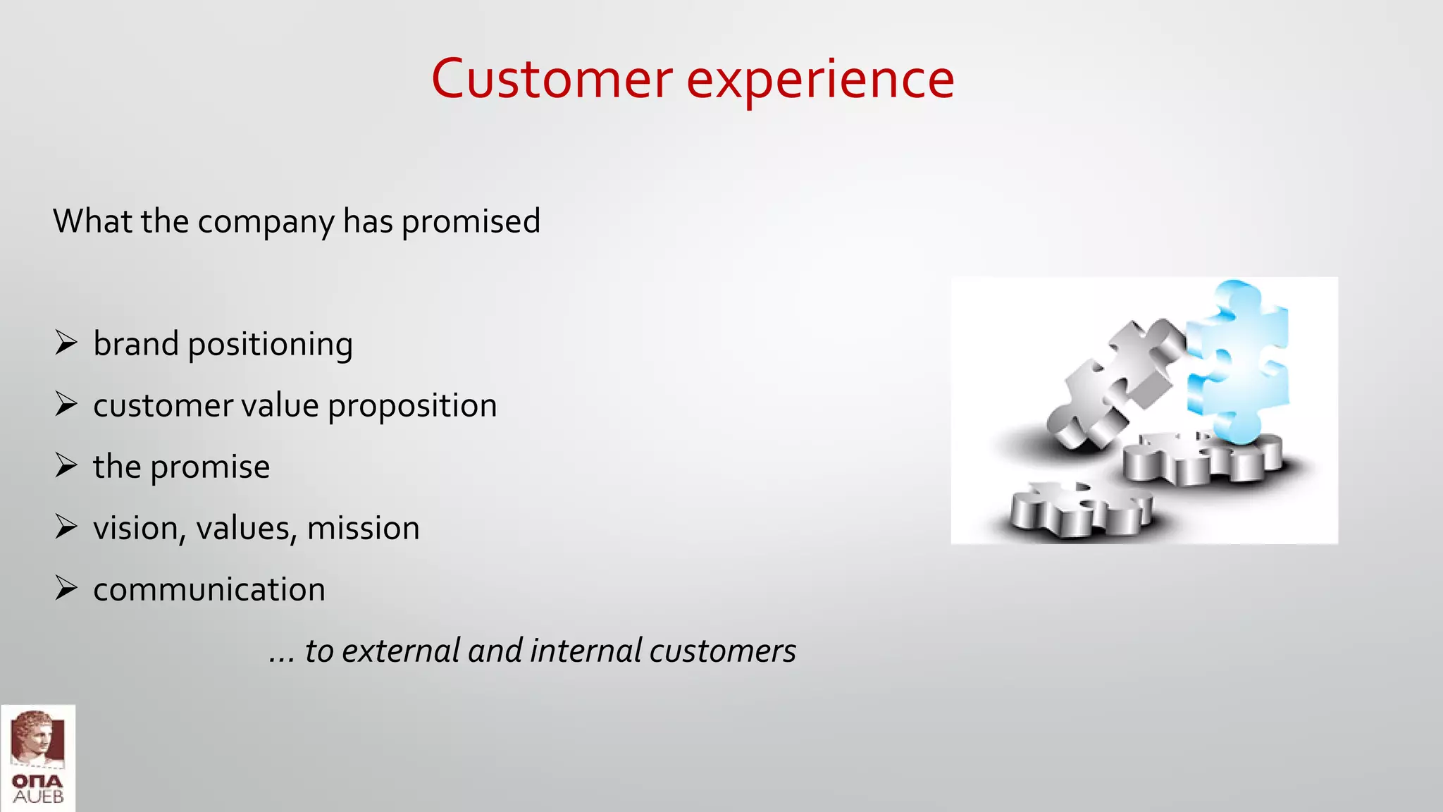 Customer experience
What the company has promised
 brand positioning
 customer value proposition
 the promise
 vision, values, mission
 communication
… to external and internal customers
 