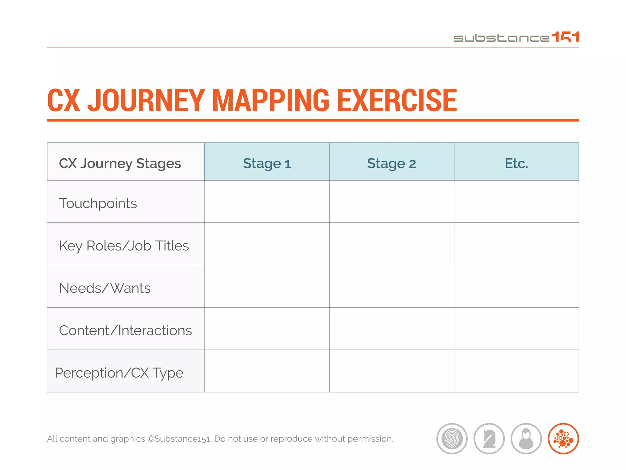All content and graphics ©Substance151. Do not use or reproduce without permission.
CX JOURNEY MAPPING EXERCISE
CX Journey Stages Stage 1 Stage 2 Etc.
Touchpoints
Key Roles/Job Titles
Needs/Wants
Content/Interactions
Perception/CX Type
 