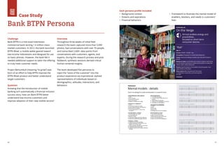 46 47
Challenge
Bank BTPN is a mid-sized Indonesian
commercial bank serving 1.4 million mass-
market customers. In 2012, the bank launched
BTPN Wow!, a mobile wallet geared toward
low-income Indonesians and designed for use
on basic phones. However, the bank felt it
needed additional support to tailor the offering
to truly meet customer needs.
Project Bertumbuh (meaning “to grow”) was
born of an effort to help BTPN improve the
BTPN Wow! product and better understand
target customers.
Question
Knowing that the introduction of mobile
banking isn’t automatically a financial inclusion
success story, how can Bank BTPN better
understand low-income customers and
improve adoption of their new mobile service?
Overview		
Throughout three weeks of initial field
research the team captured more than 5,000
photos, had conversations with over 70 people,
and transcribed 2,600+ data points from
conversations with customers, agents, and
experts. During the research process and post-
fieldwork, synthesis sessions derived critical
human-centered insights.
The team developed five personas to
inject the “voice of the customer” into the
product experience via inspirational, stylized
representations of individuals based on
demographics, attitudes, interactions, and
behaviors.
Bank BTPN Persona
Case Study
Each persona profile included:
•	 Background context
•	 Dreams and aspirations
•	 Financial behaviors			
	
•	 Framework to illustrate the mental model of
enablers, blockers, and needs in customers’
lives
 