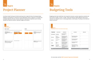 78 79
Use these simple framing and timeline planning tools to begin the loop of prototype design,
feedback, and tweaking. It’s important to plan adequately, and far in advance, to consider your
prototype objectives, the key customer experience improvement hypothesis you’re testing,
sample size required, locations, materials, budget, and timeline.
Project Planner
Tool 5
PROJECT CONCEPT
OPPORTUNITIES - What
opportunity area does your project
exploring?
ROLES - What people are needed
to make this a reality, and for
what are they responsible?
PROJECT STAGE PLANNER
Activities
2.
1.
Resources (internal / external)
OWNERS
ITERATION - How can your concept
be improved upon and iterated
over time?
SUCCESS - What would success look
like for this project?
4.
3.
Tool 5
Budgeting tools help model basic costs required to execute customer experience activities over
the course of a week, a month, or longer. These tools help you define different internal and
external cost categories since, in many organizations, certain types of funding can be harder (or
easier) to procure.
For more tools, visit the CGAP Customer Experience Workbook.
Budgeting Tools
Tool 6
Tool 6
Budgeting Tool (1/4: core team resourcing)
ROLE ON Customer
experience TEAM
% ALLOCATION
TYPICAL FUNCTION ESTIMATE COST
RESPONSIBILITIES
Executive Sponsor Senior Manager or
Executive Sponsor
•	Set business goals & vision
•	Drive organizational buy-in
•	Mobilize resources
Evangelists /
Champions
Sales & Marketing
Customer Support
Engineering / IT
Branding & Communications
•	Tap broader knowledge base and
customer data
•	Evangelize for Customer experience
across functions & departments
•	Anticipate dependencies in support
functions like marketing, branch
managemenetor IT
Operations
Product Management
Operations
•	Bring strong customer mindset
•	Define strategy and approach to
achieve busienss goals
•	Provide familiarity with customer
centered approaches
Project Lead
Marketing
Customer Research
Product Development
Digital Banking
•	Bring strong customer mindset
•	Define strategy and approach to
achieve busienss goals
•	Provide familiarity with customer
centered approaches
Finance
Strategy
Business Analyst
Finance
•	Align Customer experience efforts
with strategic and financial goals
•	Develop financial models and
analysts to support business case
for Customer experience
•	N/A $
•	Minimal time allocation to track
progress and provide input, typically
2-4 hours / week.
•	Usually this extended team comprise
another 3-5 people
Total costs
Subtotal Total costs
•	25% for small % medium projects
•	50% for large projects or critical
stages of smaller initiatives
$
•	50% forsmall & medium projects
•	100% for large projects or critical
stages of smaller initiaitves
$
•	10% for small & medium projects
•	25% for large projects or critical
smaller initiatives
$
$
 