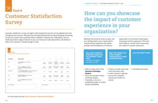 108 109
Tool 9
Customer Statisfaction
Survey
Customer satisfaction surveys are highly useful evaluative tools that can be adapted and used
throughout your process, although they are especially pertinent during prototyping and testing.
Surveys are a quick way to generate data to validate or disprove your hypotheses, and are
ideally executed at regular intervals so you can continue to make adjustments and iterate on
ideas until a solution is refined enough to scale.
For more tools, visit the CGAP Customer Experience Workbook.
TARGET GROUP SAMPLE QUESTION
How comfortable do you feel at the [service
location]?
When you have questions, how adequate do
you feel the information provided at the [service
location] is?
Have you noticed any changes at the [service location]? (Yes/No)
If yes, how much do you like these new changes?
Overall, how satisfied are you with your overall
experience at the [location]?
How much do you like the facilities at the [service
location]?
Both
Both
Exposed group
Both
Both
Customer Feedback
1 4
2 5
3
Very
comfortable
Very
adequate
A lot
Very
satisfied
A lot
Somewhat
uncomfortable
Somewhat
inadequate
Very
little
Somewhat
unsatisfied
Very little
Somewhat
comfortable
Somewhat
adequate
Somewhat
Somewhat
satisfied
Somewhat
Very
uncomfortable
Very
inadequate
Not at all
Very
unsatisfied
Not at all
Neither
comfortable nor
uncomfortable
Neither adequate
nor inadequate
Indifferent
Neither satisfied
nor unsatisfied
Indifferent
Customer Feedback
How can you showcase
the impact of customer
experience in your
organization?
Whatever the outcome of your project, link
your findings back to your organization’s
overall business objectives and, ideally,
provide recommendations on how your
organization can continue to step toward
improving customer experience. The three
main things to consider when showcasing
the impact of customer experience:
INCLUDE A MARKET
STRATEGY ANALYSIS
TO SUPPORT YOUR
CASE
Include intangible
benefits as well
MAP THE IMPACT OF
YOUR PROJECT
THROUGHOUT YOUR
ORGANIZATION
LAY OUT NEXT STEPS
•	 Refer to value matrix from
Business Challenges
Booklet
•	 Carry out a product rollout
sensitivity analysis
•	 If possible, carry out a
profitability study, or at least
project profitability
•	 Create a concept reach map
across the value chain
•	 Create a product roadmap
•	 Lay out the ecosystem
around your product or
service
•	 Immediate next steps
5. SHARING THE RESULTS | CUSTOMER EXPERIENCE TOOLKIT | 2016
 