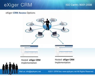 Mail us: info@spikyarc.net 
©2011 SPIKYarc www.spikyarc.net All Rights Reserved 
Hosted eXiger CRM Implementation 
Hosted eXiger CRM Implementation 
eXiger CRM Access Options  