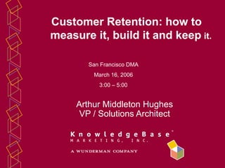 Arthur Middleton Hughes
VP / Solutions Architect
Customer Retention: how to
measure it, build it and keep it.
San Francisco DMA
March 16, 2006
3:00 – 5:00
 