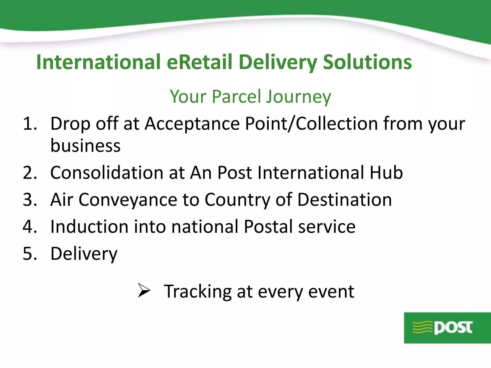 International eRetail Delivery Solutions
Your Parcel Journey
1. Drop off at Acceptance Point/Collection from your
business
2. Consolidation at An Post International Hub
3. Air Conveyance to Country of Destination
4. Induction into national Postal service
5. Delivery
 Tracking at every event
 