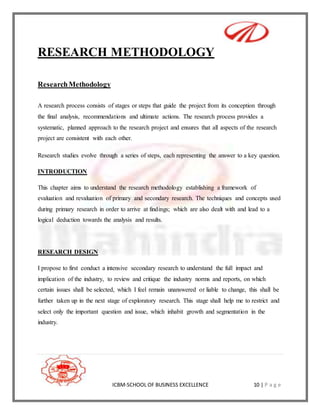 ICBM-SCHOOL OF BUSINESS EXCELLENCE 10 | P a g e
RESEARCH METHODOLOGY
ResearchMethodology
A research process consists of st...