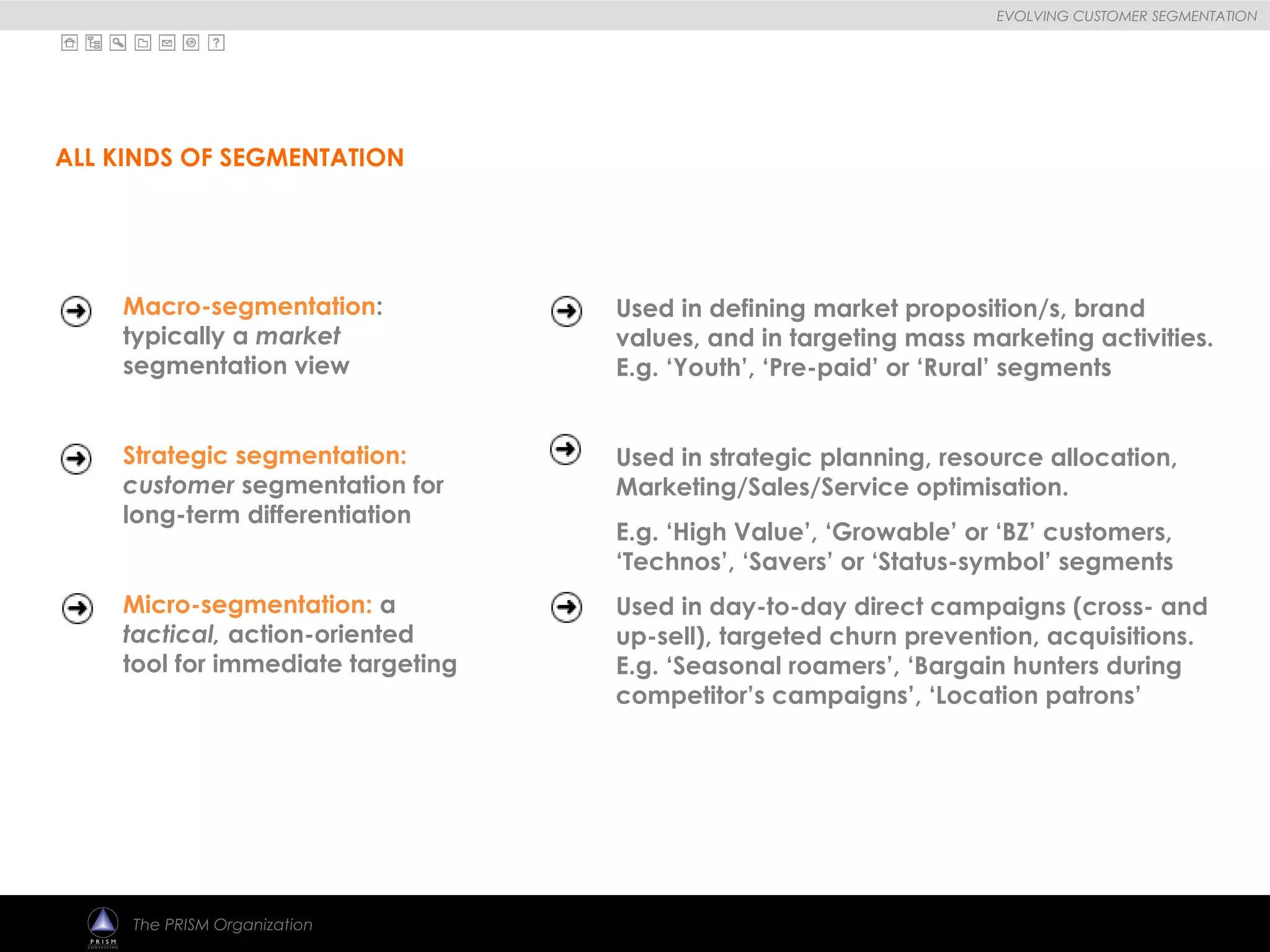 
EVOLVING CUSTOMER SEGMENTATION
The PRISM Organization
ALL KINDS OF SEGMENTATION
Macro-segmentation:
typically a market
segmentation view
Strategic segmentation:
customer segmentation for
long-term differentiation
Micro-segmentation: a
tactical, action-oriented
tool for immediate targeting
Used in defining market proposition/s, brand
values, and in targeting mass marketing activities.
E.g. ‘Youth’, ‘Pre-paid’ or ‘Rural’ segments
Used in strategic planning, resource allocation,
Marketing/Sales/Service optimisation.
E.g. ‘High Value’, ‘Growable’ or ‘BZ’ customers,
‘Technos’, ‘Savers’ or ‘Status-symbol’ segments
Used in day-to-day direct campaigns (cross- and
up-sell), targeted churn prevention, acquisitions.
E.g. ‘Seasonal roamers’, ‘Bargain hunters during
competitor’s campaigns’, ‘Location patrons’
 