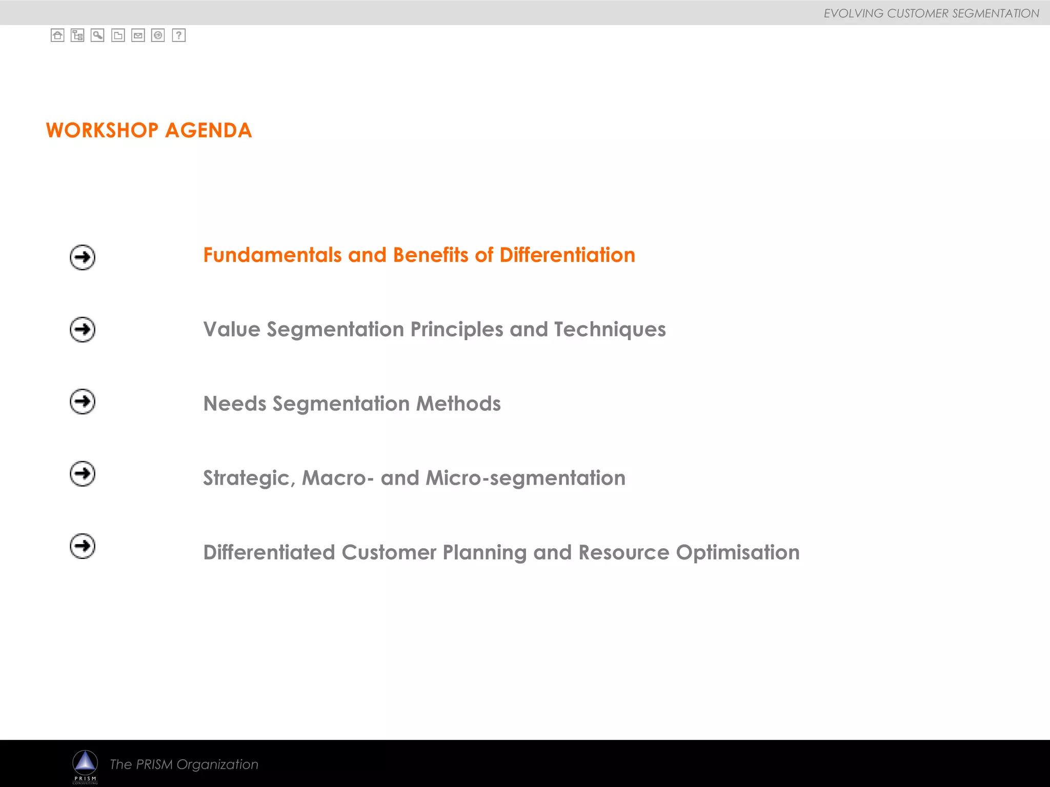 
EVOLVING CUSTOMER SEGMENTATION
The PRISM Organization
WORKSHOP AGENDA
Fundamentals and Benefits of Differentiation
Value Segmentation Principles and Techniques
Needs Segmentation Methods
Strategic, Macro- and Micro-segmentation
Differentiated Customer Planning and Resource Optimisation
 