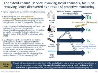 For hybrid-channel service involving social channels, focus on resolving issues discovered as a result of proactive monitoring A typical engagement spawned by social monitoring: Marketing/PR uses a  social media monitoring platform (SMPP)  that   searches for keywords relevant to the company, its brand and products, as well as competitor keywords. A service complaint is discovered on Twitter, not addressed to any party in particular. Marketing/PR manually submits a service ticket, or ideally presses the “Submit to Customer Service” button if the SMMP is integrated with CRM. A CSR picks up the inquiry from the normal routing queue. He finds a resolution to the problem and has a link to the service website. If the solution can be publicly shared without regard to privacy, then he returns the solution to the SMMP, which posts the solution as a “@mention” to the end user. If privacy is a concern, a @mention can tell the user the solution will be sent to them as a “Direct Message (DM).” Info-Tech Research Group Solution seen by user, their followers, followers’ followers, the company’s followers, etc. Engagement Cost Proactively monitoring the social cloud is the most effective way to integrate social channels into a hybrid-channel service strategy.  The social cloud can propagate both problems AND solutions at geometric rates , enabling your best service moments to spread rapidly too. Bottom Line Customer Engagement $$$ Call Center Customer Engagement $$ Social Monitoring Customer Engagement $ Social Media Service Customer Engagement $$$$ Face-to-Face Hybrid-Channel Engagement: A social example Documented in CRM system! 