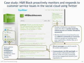Case study: H&R Block proactively monitors and responds to customer service issues in the social cloud using Twitter Info-Tech Research Group Direct messages  can only be seen by the sender and recipient.  Communicate via DM sparingly , or when sensitive information is being shared, so the rest of the community can see how engaged and attentive your organization is. Number of followers is an obvious metric but often is  not the meter by which success on Twitter should be measured. Monitor mentions of your brand so you can  address comments or concerns  whenever people are tweeting about your organization, whether they are a follower or not. Notice path for  channel switching or escalation  is provided for when Twitter isn’t suitable. 