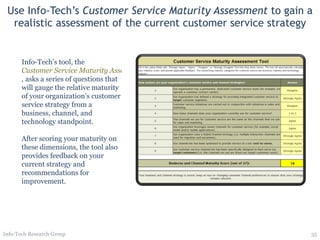 Use Info-Tech’s  Customer Service Maturity Assessment  to gain a realistic assessment of the current customer service strategy Info-Tech Research Group Info-Tech’s tool, the  Customer Service Maturity Assessment ,   asks a series of questions that will gauge the relative maturity of your organization’s customer service strategy from a business, channel, and technology standpoint. After scoring your maturity on these dimensions, the tool also provides feedback on your current strategy and recommendations for improvement. 