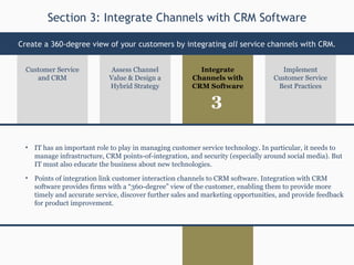 Assess Channel Value & Design a Hybrid Strategy Implement Customer Service Best Practices Customer Service and CRM Integrate Channels with CRM Software IT has an important role to play in managing customer service technology. In particular, it needs to manage infrastructure, CRM points-of-integration, and security (especially around social media). But IT must also educate the business about new technologies. Points of integration link customer interaction channels to CRM software. Integration with CRM software provides firms with a “360-degree” view of the customer, enabling them to provide more timely and accurate service, discover further sales and marketing opportunities, and provide feedback for product improvement. Section 3: Integrate Channels with CRM Software Create a 360-degree view of your customers by integrating  all  service channels with CRM. 3 