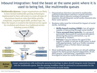 Inbound Integration: feed the beast at the same point where it is used to being fed, like multimedia queues Organizations that have invested in multimedia queuing technologies and have created extensive business rules to govern routing of customer inquiries should integrate social media channels into these same queues. Business rules must be reviewed for impact of social media, including: Skills-based routing (SBR):  Are all agents capable of interacting through social media? Turn-around time/priority : Is a group of potentially thousands of customers/prospects observing the service interaction, e.g. on Facebook or Twitter? Privacy:  Can you inform the agent if the inquiry is public or private at this point, to deal with appropriately, such as a Twitter mention (public) versus a Twitter direct message (private)? Most multimedia queue vendors are already adding support for direct social channel integration. If not, their generic “call listening” capabilities can be leveraged to listen for social interactions.  Info-Tech Research Group Multimedia Queues : Larger organizations are likely to have formal multimedia queuing technologies implemented in their call centers to route all types of interactions based on rules that define priority, complexity, required agent skills, product type, etc. Then the inquiry is routed to the desired service agent for resolution and closure in a traditional service ticketing system (CRM). Larger organizations with multimedia queuing technology in place should integrate social channels into the multimedia queue. But the queuing workflow must be reviewed to accommodate for the unique requirements of social media. Bottom Line 