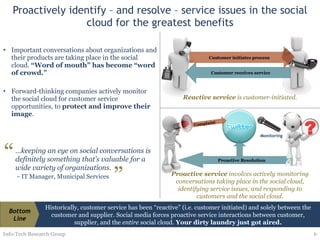 Proactively identify – and resolve – service issues in the social cloud for the greatest benefits Important conversations about organizations and their products are taking place in the social cloud.  “Word of mouth” has become “word of crowd.”  Forward-thinking companies actively monitor the social cloud for customer service opportunities, to  protect and improve their image . Proactive Resolution Complaint Monitoring Info-Tech Research Group Reactive service  is customer-initiated. … keeping an eye on social conversations is definitely something that’s valuable for a wide variety of organizations. -  IT Manager, Municipal Services “ ” Proactive service  involves actively monitoring conversations taking place in the social cloud, identifying service issues, and responding to customers and the social cloud. Historically, customer service has been “reactive” (i.e. customer initiated) and solely between the customer and supplier. Social media forces proactive service interactions between customer, supplier, and the  entire  social cloud.  Your dirty laundry just got aired. Bottom Line Customer receives service Customer initiates process 