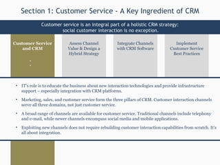 Assess Channel Value & Design a Hybrid Strategy Implement Customer Service Best Practices Customer Service and CRM Integrate Channels with CRM Software IT’s role is to educate the business about new interaction technologies and provide infrastructure support – especially integration with CRM platforms. Marketing, sales, and customer service form the three pillars of CRM. Customer interaction channels serve all three domains, not just customer service. A broad range of channels are available for customer service. Traditional channels include telephony and e-mail, while newer channels encompass social media and mobile applications.  Exploiting new channels does not require rebuilding customer interaction capabilities from scratch. It’s all about integration. Section 1: Customer Service - A Key Ingredient of CRM Customer service is an integral part of a holistic CRM strategy: social customer interaction is no exception. 1 