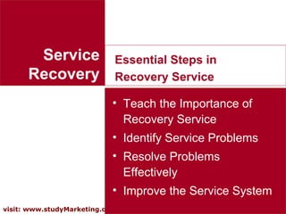 Service Recovery Essential Steps in Recovery Service <ul><li>Teach the Importance of Recovery Service  </li></ul><ul><li>I...