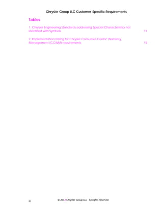 Chrysler Group LLC Customer-Specific Requirements

Tables
1. Chrysler Engineering Standards addressing Special Characteristics not
identified with Symbols                                                    11

2. Implementation timing for Chrysler Consumer-Centric Warranty
Management (CCWM) requirements                                             15




                    © 2012 Chrysler Group LLC ‐ All rights reserved 
iii
 
