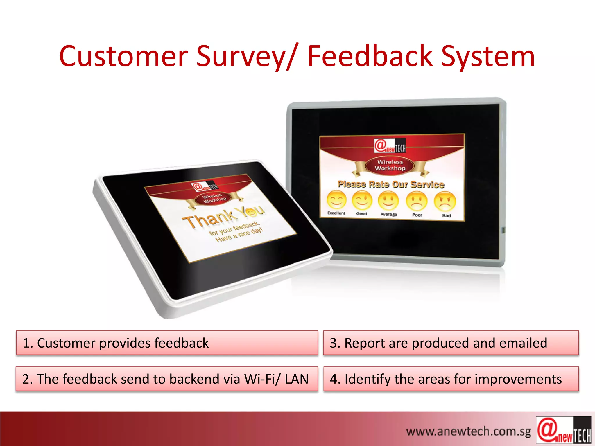Customer Survey/ Feedback System




1. Customer provides feedback                    3. Report are produced and emailed

2. The feedback send to backend via Wi-Fi/ LAN   4. Identify the areas for improvements
 