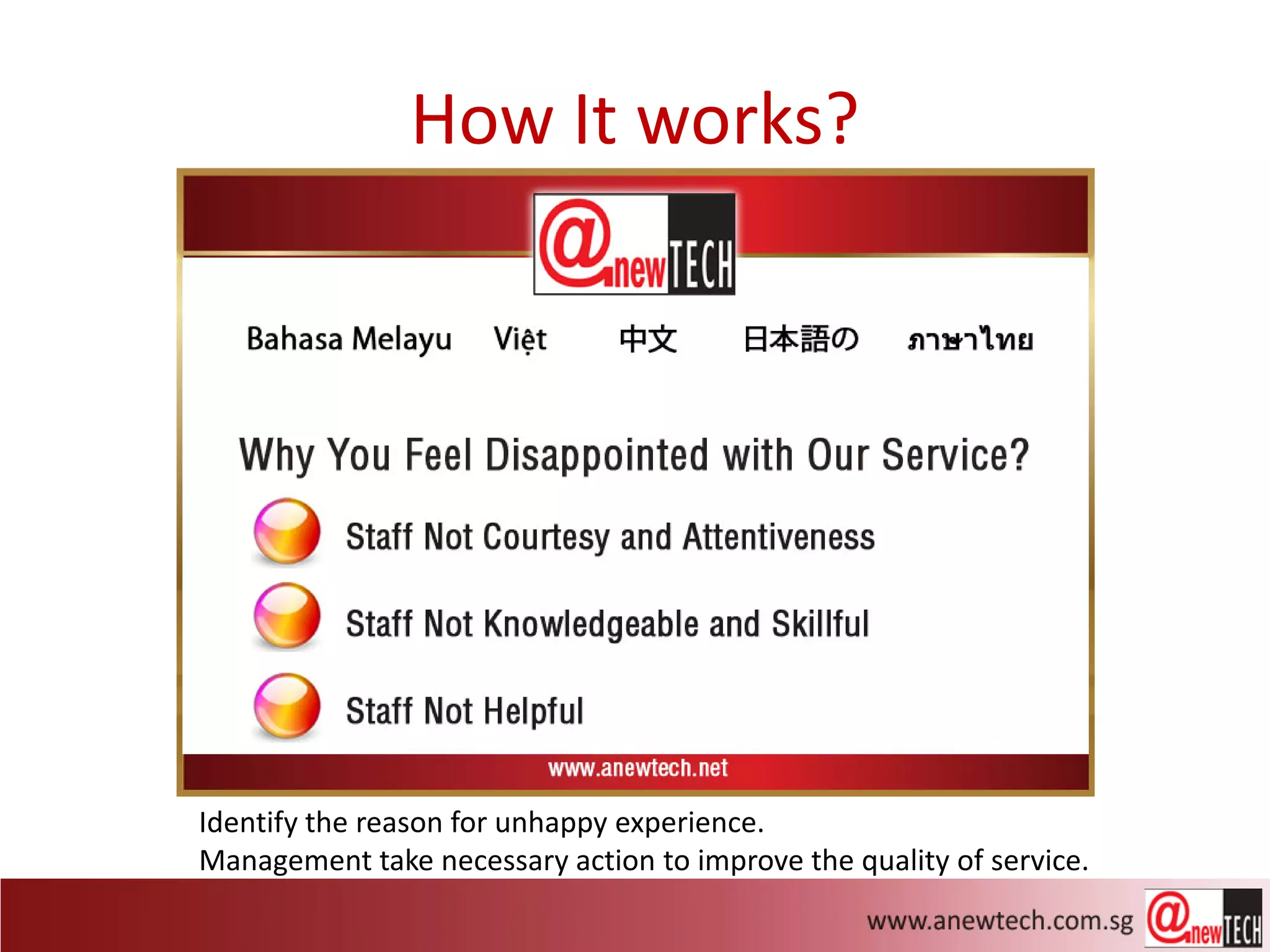 How It works?




Identify the reason for unhappy experience.
Management take necessary action to improve the quality of service.
 