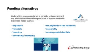 Funding alternatives
Underwriting process designed to consider unique merchant
and industry situations offering solutions ...