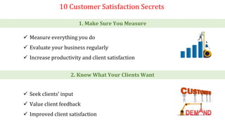 10 Customer Satisfaction Secrets
 Measure everything you do
 Evaluate your business regularly
 Increase productivity and client satisfaction
2. Know What Your Clients Want
 Seek clients’ input
 Value client feedback
 Improved client satisfaction
1. Make Sure You Measure
 