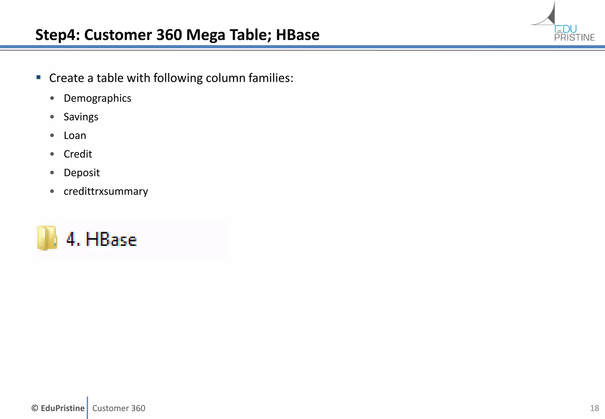 © EduPristine Customer 360
Step4: Customer 360 Mega Table; HBase
 Create a table with following column families:
• Demographics
• Savings
• Loan
• Credit
• Deposit
• credittrxsummary
18
 