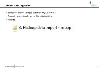 © EduPristine Customer 360
Step3: Data Ingestion
 Sqoop will be used to ingest data from MySQL to HDFS.
 Sqoop is the most preferred tool for data ingestion.
 Refer to:
17
 