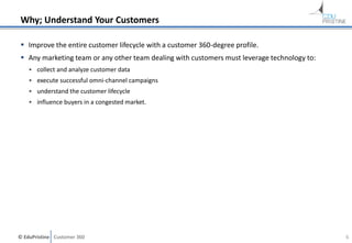 © EduPristine Customer 360
Why; Understand Your Customers
 Improve the entire customer lifecycle with a customer 360-degree profile.
 Any marketing team or any other team dealing with customers must leverage technology to:
• collect and analyze customer data
• execute successful omni-channel campaigns
• understand the customer lifecycle
• influence buyers in a congested market.
6
 