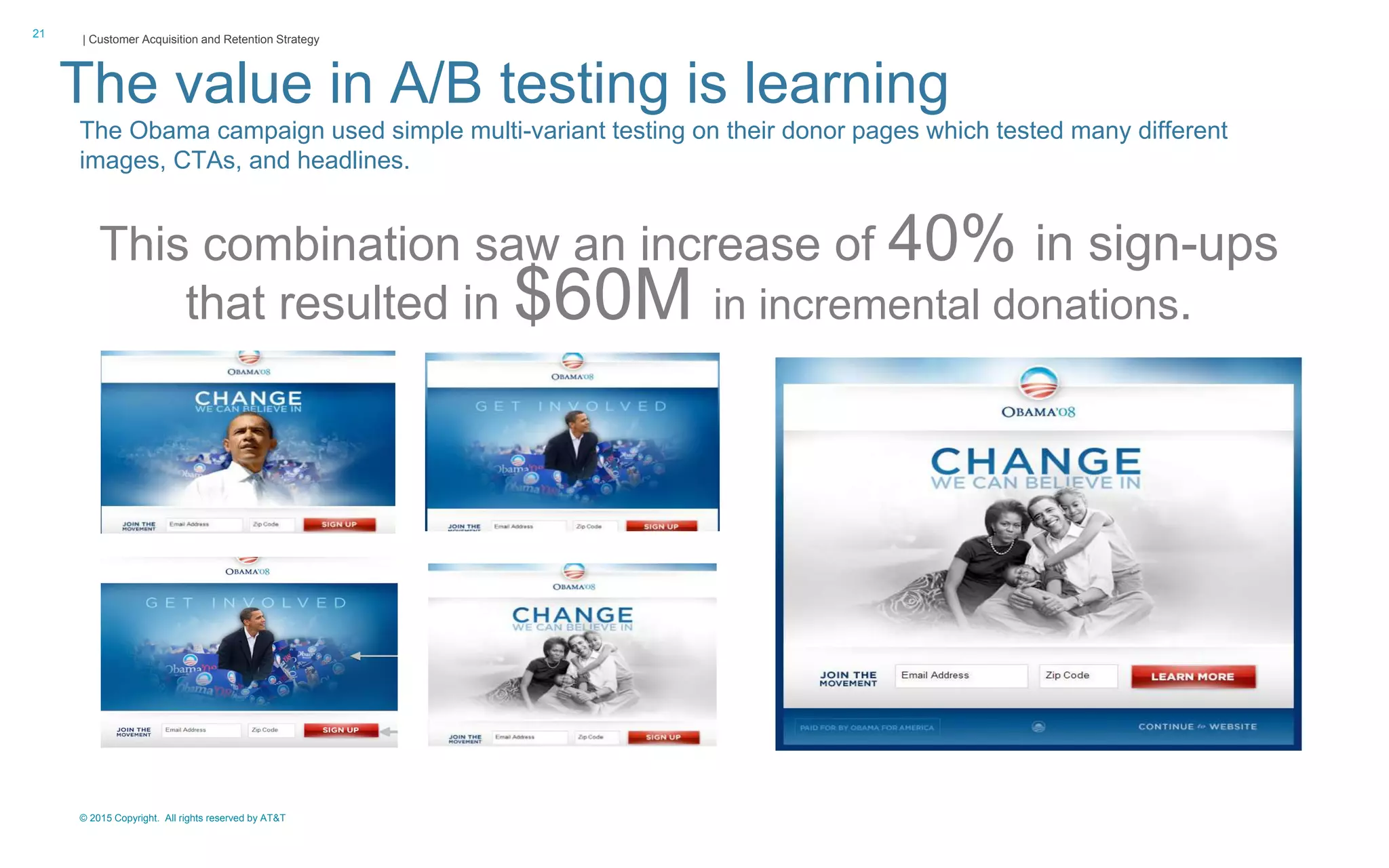 © 2015 Copyright. All rights reserved by AT&T
| Customer Acquisition and Retention Strategy21
The value in A/B testing is learning
This combination saw an increase of 40% in sign-ups
that resulted in $60M in incremental donations.
The Obama campaign used simple multi-variant testing on their donor pages which tested many different
images, CTAs, and headlines.
 