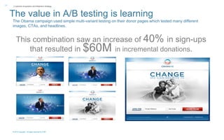 © 2015 Copyright. All rights reserved by AT&T
| Customer Acquisition and Retention Strategy21
The value in A/B testing is learning
This combination saw an increase of 40% in sign-ups
that resulted in $60M in incremental donations.
The Obama campaign used simple multi-variant testing on their donor pages which tested many different
images, CTAs, and headlines.
 
