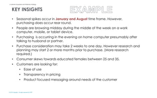 © 2015 Copyright. All rights reserved by AT&T
| Customer Acquisition and Retention Strategy
KEY INSIGHTS
• Seasonal spikes occur in January and August time frame. However,
purchasing does occur rear round.
• People are browsing midday during the middle of the week on a work
computer, mobile, or tablet device.
• Purchasing is occurring in the evening on home computer presumably after
talking to husband or partner.
• Purchase consideration may take 2 weeks to one day. However research and
planning may start 2 or more months prior to purchase. (More research
required.)
• Consumer skews towards educated females between 25 and 35.
• Customers are looking for:
• Ease of use
• Transparency in pricing
• Product focused messaging around needs of the customer
 