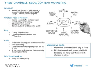 “FREE” CHANNELS: SEO & CONTENT MARKETING
What is it?
– Raising the visibility of your website to
appear in natural search rankings of
Google… I mean, search engines
What you need to measure
– Natural search traffic and conversion
– Individual keyword rankings
– Site performance/speed
– Domain authority and backlinks quality
Pros
– Quality, targeted traffic
– Content marketing can also help
PR/branding
Cons
– To be done well, requires technical resource
– Time-consuming
– Good content marketing campaigns are hit
or miss
– At the mercy of Google and their constantly
changing algorithms
Who does it work for
– Pretty much everybody
Mistakes we made:
– Didn’t think it would take that long to scale
– Didn’t put enough tech resource behind it
– Releasing too many SEO-focused tech
changes at a time
#Boticca 10
 
