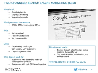 PAID CHANNELS: SEARCH ENGINE MARKETING (SEM)
What is it?
– Google Adwords
– Display Advertising
– Video/Youtube Ads
What you need to measure
– CPCs, CTRs, Impressions, CPLs
Pros
– It’s immediate!
– Fastest way to scale
– Very measureable
Cons
– Dependency on Google
– Can become very expensive
– Large budgets required
Who does it work for
– Businesses who sell brand name or
commoditised products
– Businesses with high AOVs and margins
Mistakes we made:
– Burned through lots of budget before
realizing it wasn’t for us
– Too much Adwords optimization, not
enough onsite
TEST BUDGET: > £10,000 Per Month
#Boticca 5
 