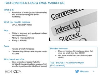 PAID CHANNELS: LEAD & EMAIL MARKETING
What is it?
– Acquisition of leads (subscribers/emails)
and activation via regular email
marketing
What you need to measure
– CPLs, Activation Rates
Pros
– Ability to segment and send personalized
messages directly
– Ability to retain customers
– Ability to A/B test
Cons
– Results are not immediate
– Deliverability and renderability are key to
success
Who does it work for
– Most online businesses that offer
constantly new products or services (not
so effective with content-led businesses)
Mistakes we made:
– Drew conclusions from database sizes that
were too small (less than 50,000)
– Got some emails from competitions (lower
quality)
TEST BUDGET: > £5,000 Per Month
(£1-3 per email)
#Boticca 7
 