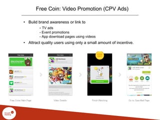 Free Coin: Video Promotion (CPV Ads)
• Build brand awareness or link to
- TV ads
- Event promotions
- App download pages using videos
• Attract quality users using only a small amount of incentive.
 