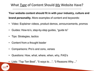 What Type of Content Should My Website Have?
Your website content should fit in with your industry, culture and
brand personality. More examples of content and keywords:
• Video: Explainer videos, product demos, announcements, promos
• Guides: How-to’s, step-by-step guides, “guide to”
• Tips: Strategies, tactics
• Content from a thought leader
• Comparisons: Pro’s and cons, verses
• Questions: How, what, where, when, why, FAQ’s
• Lists: “Top Ten Best”, “5 ways to…”, “3 Reasons Why…”
 