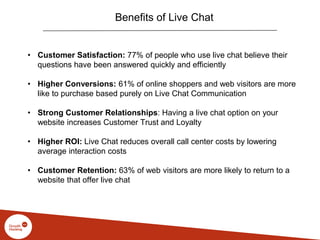 Benefits of Live Chat
• Customer Satisfaction: 77% of people who use live chat believe their
questions have been answered quickly and efficiently
• Higher Conversions: 61% of online shoppers and web visitors are more
like to purchase based purely on Live Chat Communication
• Strong Customer Relationships: Having a live chat option on your
website increases Customer Trust and Loyalty
• Higher ROI: Live Chat reduces overall call center costs by lowering
average interaction costs
• Customer Retention: 63% of web visitors are more likely to return to a
website that offer live chat
 