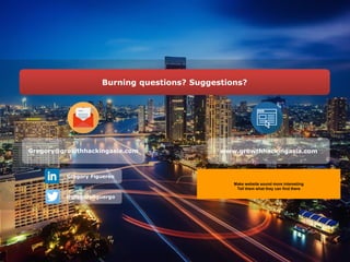 Gregory@growthhackingasia.com
• Growth Hacking ConsultingBurning questions? Suggestions?
Make website sound more interesting
Tell them what they can find there
www.growthhackingasia.com
@gregoryfiguergo
Gregory Figuereo
 