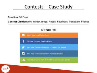 Contests – Case Study
Duration: 30 Days
Contest Distribution: Twitter, Blogs, Reddit, Facebook, Instagram, Friends
RESULTS
 