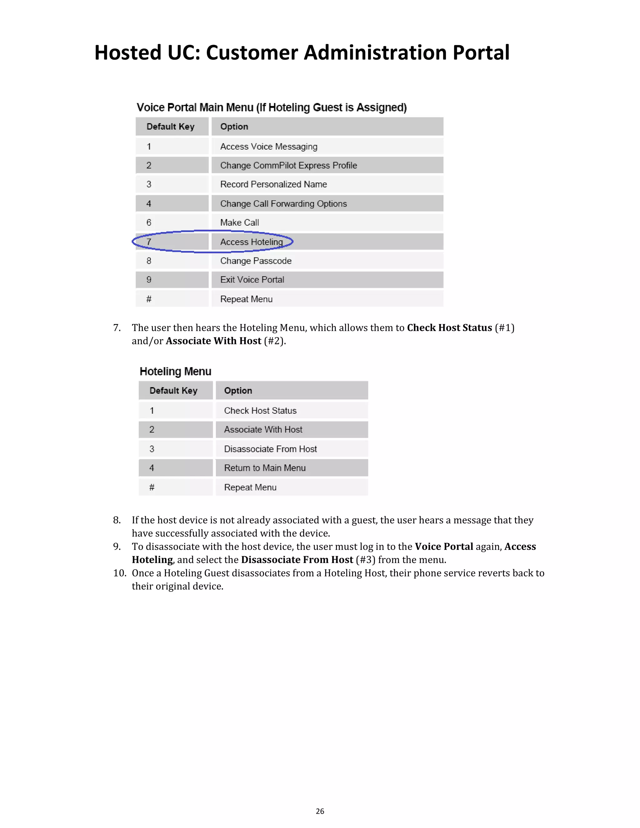Hosted UC: Customer Administration Portal
26
7. The user then hears the Hoteling Menu, which allows them to Check Host Status (#1)
and/or Associate With Host (#2).
8. If the host device is not already associated with a guest, the user hears a message that they
have successfully associated with the device.
9. To disassociate with the host device, the user must log in to the Voice Portal again, Access
Hoteling, and select the Disassociate From Host (#3) from the menu.
10. Once a Hoteling Guest disassociates from a Hoteling Host, their phone service reverts back to
their original device.
 