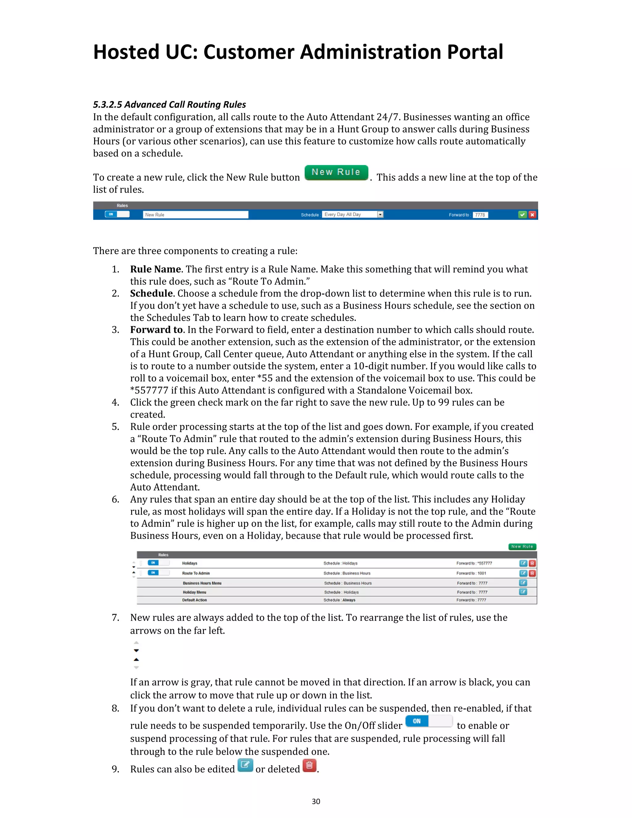 Hosted UC: Customer Administration Portal
30
5.3.2.5 Advanced Call Routing Rules
In the default configuration, all calls route to the Auto Attendant 24/7. Businesses wanting an office
administrator or a group of extensions that may be in a Hunt Group to answer calls during Business
Hours (or various other scenarios), can use this feature to customize how calls route automatically
based on a schedule.
To create a new rule, click the New Rule button . This adds a new line at the top of the
list of rules.
There are three components to creating a rule:
1. Rule Name. The first entry is a Rule Name. Make this something that will remind you what
this rule does, such as “Route To Admin.”
2. Schedule. Choose a schedule from the drop-down list to determine when this rule is to run.
If you don’t yet have a schedule to use, such as a Business Hours schedule, see the section on
the Schedules Tab to learn how to create schedules.
3. Forward to. In the Forward to field, enter a destination number to which calls should route.
This could be another extension, such as the extension of the administrator, or the extension
of a Hunt Group, Call Center queue, Auto Attendant or anything else in the system. If the call
is to route to a number outside the system, enter a 10-digit number. If you would like calls to
roll to a voicemail box, enter *55 and the extension of the voicemail box to use. This could be
*557777 if this Auto Attendant is configured with a Standalone Voicemail box.
4. Click the green check mark on the far right to save the new rule. Up to 99 rules can be
created.
5. Rule order processing starts at the top of the list and goes down. For example, if you created
a “Route To Admin” rule that routed to the admin’s extension during Business Hours, this
would be the top rule. Any calls to the Auto Attendant would then route to the admin’s
extension during Business Hours. For any time that was not defined by the Business Hours
schedule, processing would fall through to the Default rule, which would route calls to the
Auto Attendant.
6. Any rules that span an entire day should be at the top of the list. This includes any Holiday
rule, as most holidays will span the entire day. If a Holiday is not the top rule, and the “Route
to Admin” rule is higher up on the list, for example, calls may still route to the Admin during
Business Hours, even on a Holiday, because that rule would be processed first.
7. New rules are always added to the top of the list. To rearrange the list of rules, use the
arrows on the far left.
If an arrow is gray, that rule cannot be moved in that direction. If an arrow is black, you can
click the arrow to move that rule up or down in the list.
8. If you don’t want to delete a rule, individual rules can be suspended, then re-enabled, if that
rule needs to be suspended temporarily. Use the On/Off slider to enable or
suspend processing of that rule. For rules that are suspended, rule processing will fall
through to the rule below the suspended one.
9. Rules can also be edited or deleted .
 