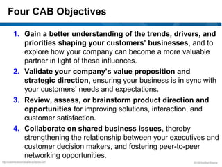 Four CAB Objectives

          1. Gain a better understanding of the trends, drivers, and
             priorities shaping ...