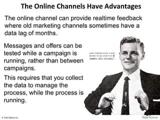 © Third Nature Inc.© Third Nature Inc.
The Online Channels Have Advantages
The online channel can provide realtime feedback
where old marketing channels sometimes have a
data lag of months.
Messages and offers can be
tested while a campaign is
running, rather than between
campaigns.
This requires that you collect
the data to manage the
process, while the process is
running.
 