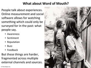 © Third Nature Inc.© Third Nature Inc.
What about Word of Mouth?
People talk about experiences.
Online measurement and social
software allows for watching
something which could only be
surveyed for in the past: what
people say.
▪ Awareness
▪ Sentiment
▪ Reputation
▪ Buzz
▪ Feedback
But these things are harder,
fragmented across multiple
external channels and sources.
 