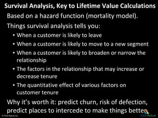 © Third Nature Inc.
Survival Analysis, Key to Lifetime Value Calculations
Based on a hazard function (mortality model).
Things survival analysis tells you:
▪ When a customer is likely to leave
▪ When a customer is likely to move to a new segment
▪ When a customer is likely to broaden or narrow the
relationship
▪ The factors in the relationship that may increase or
decrease tenure
▪ The quantitative effect of various factors on
customer tenure
Why it’s worth it: predict churn, risk of defection,
predict places to intercede to make things better,
 
