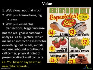 © Third Nature Inc.
Value
1. Web alone, not that much
2. Web plus transactions, big
increase
3. Web plus email plus
transactions, bigger increase
But the real goal in customer
analysis is a full picture, which
means an interaction master for
everything: online ads, mobile
app use, inbound & outbound
call center, physical point of
presence, direct mail contacts.
i.e. You have to say yes to all
new data requests…
 