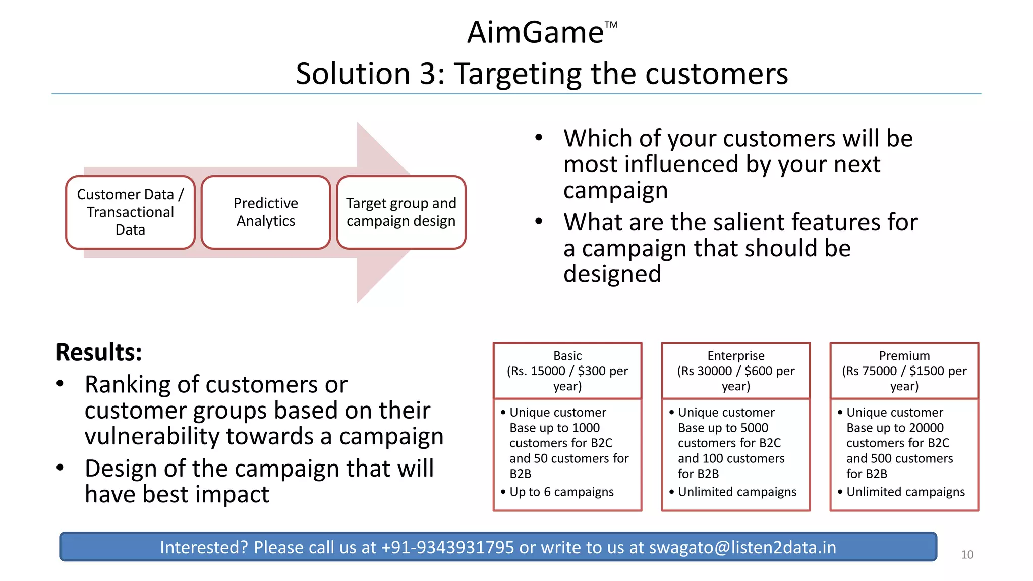 AimGameTM
Solution 3: Targeting the customers
• Which of your customers will be
most influenced by your next
campaign
• What are the salient features for
a campaign that should be
designed
10
Customer Data /
Transactional
Data
Predictive
Analytics
Target group and
campaign design
Basic
(Rs. 15000 / $300 per
year)
• Unique customer
Base up to 1000
customers for B2C
and 50 customers for
B2B
• Up to 6 campaigns
Enterprise
(Rs 30000 / $600 per
year)
• Unique customer
Base up to 5000
customers for B2C
and 100 customers
for B2B
• Unlimited campaigns
Premium
(Rs 75000 / $1500 per
year)
• Unique customer
Base up to 20000
customers for B2C
and 500 customers
for B2B
• Unlimited campaigns
Results:
• Ranking of customers or
customer groups based on their
vulnerability towards a campaign
• Design of the campaign that will
have best impact
Interested? Please call us at +91-9343931795 or write to us at swagato@listen2data.in
 