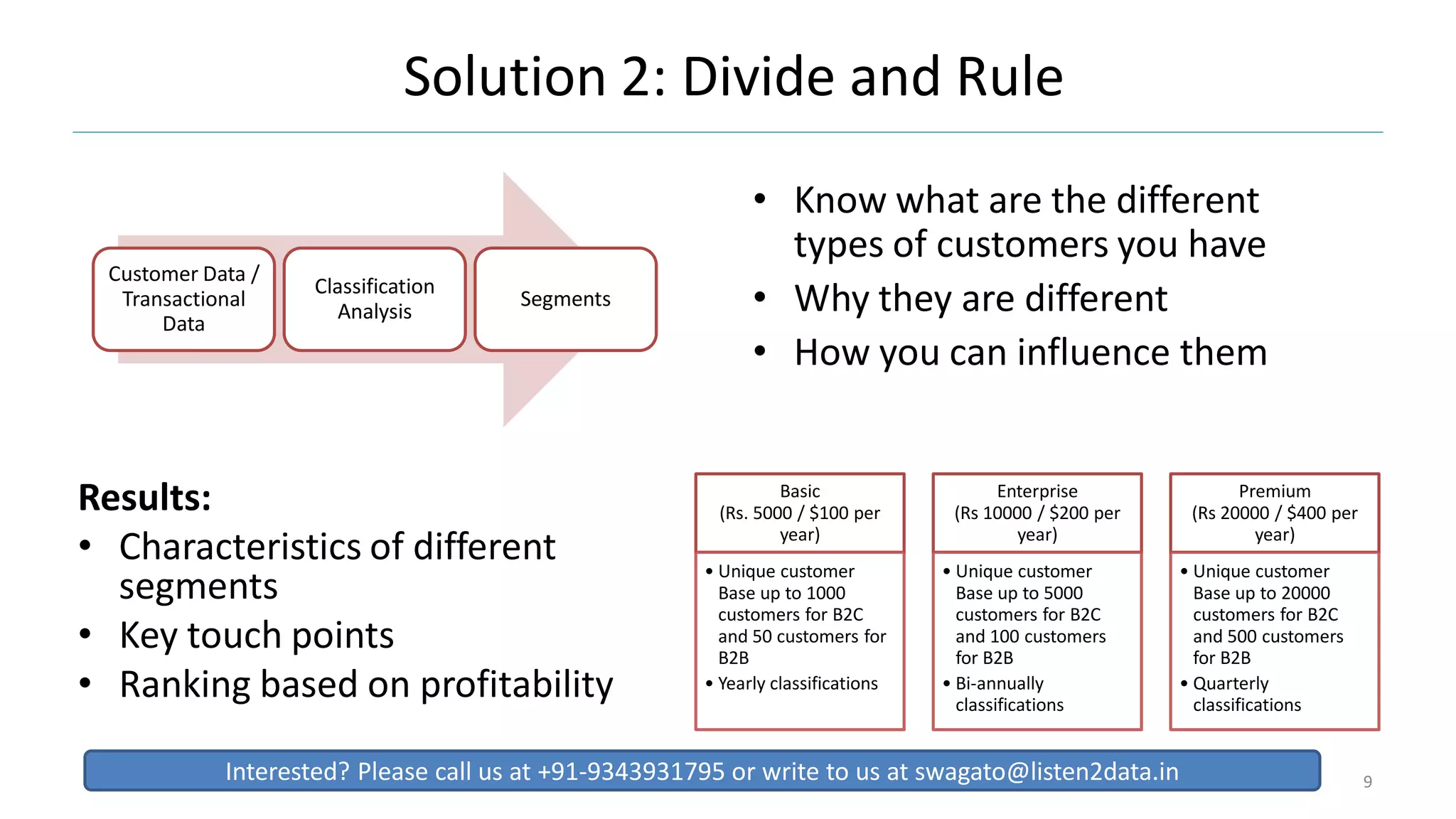 Solution 2: Divide and Rule
• Know what are the different
types of customers you have
• Why they are different
• How you can influence them
9
Customer Data /
Transactional
Data
Classification
Analysis
Segments
Basic
(Rs. 5000 / $100 per
year)
• Unique customer
Base up to 1000
customers for B2C
and 50 customers for
B2B
• Yearly classifications
Enterprise
(Rs 10000 / $200 per
year)
• Unique customer
Base up to 5000
customers for B2C
and 100 customers
for B2B
• Bi-annually
classifications
Premium
(Rs 20000 / $400 per
year)
• Unique customer
Base up to 20000
customers for B2C
and 500 customers
for B2B
• Quarterly
classifications
Results:
• Characteristics of different
segments
• Key touch points
• Ranking based on profitability
Interested? Please call us at +91-9343931795 or write to us at swagato@listen2data.in
 