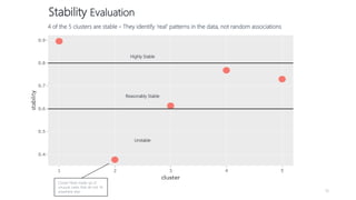 18
4 of the 5 clusters are stable - They identify ‘real’ patterns in the data, not random associations
Stability Evaluation
Highly Stable
Reasonably Stable
Unstable
Cluster likely made up of
unusual cases that do not fit
anywhere else
 