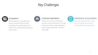 6
Competition
We face threats from increasingly efficient
domestic competitors with local market
knowledge and from global players keen to
stake positions in high potential emerging and
frontier markets.
Customer Expectations
Although not yet on a par with advanced
economies, customer expectations in our major
markets, particularly our target demographic –
urban, educated, professionals – have been
rising rapidly.
Key Challenges
Globalization & Social Media
Rapid smart phone penetration is a key
driver of the global harmonisation of
customer preferences and expectations.
 