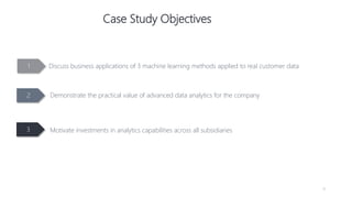 9
Case Study Objectives
Demonstrate the practical value of advanced data analytics for the company2
Discuss business applications of 3 machine learning methods applied to real customer data1
3 Motivate investments in analytics capabilities across all subsidiaries
 